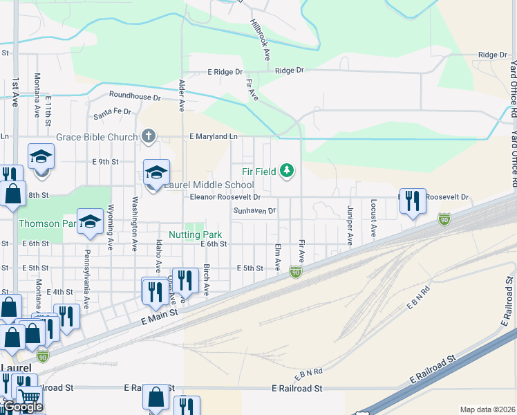 map of restaurants, bars, coffee shops, grocery stores, and more near 1108 East 8th Street in Laurel