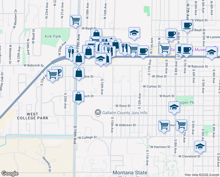 map of restaurants, bars, coffee shops, grocery stores, and more near 220 South 15th Avenue in Bozeman