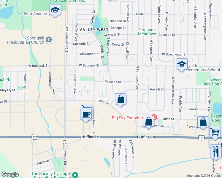map of restaurants, bars, coffee shops, grocery stores, and more near Palisade Dr in Bozeman