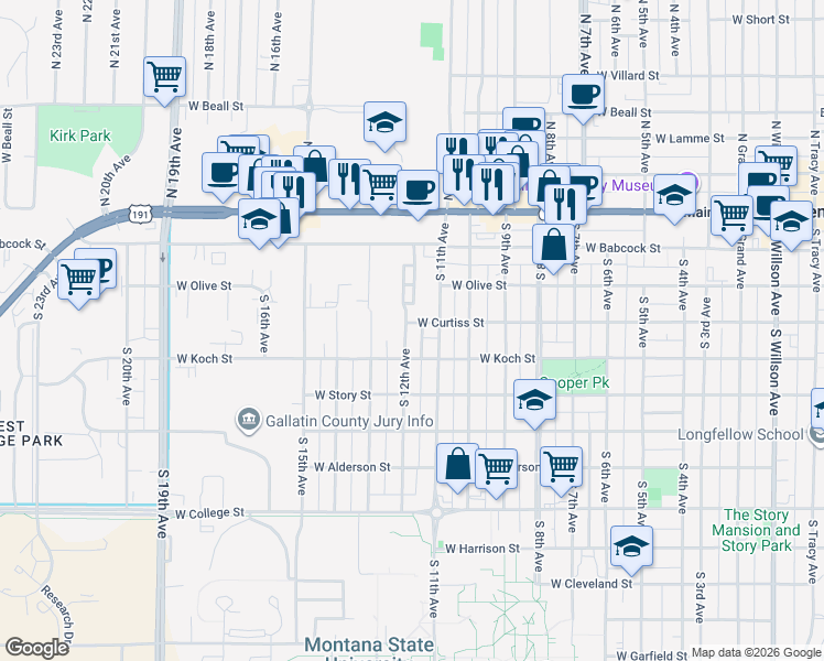 map of restaurants, bars, coffee shops, grocery stores, and more near 304 South 12th Avenue in Bozeman