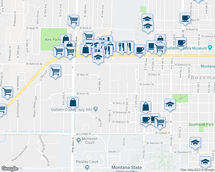 map of restaurants, bars, coffee shops, grocery stores, and more near 218 South 15th Avenue in Bozeman