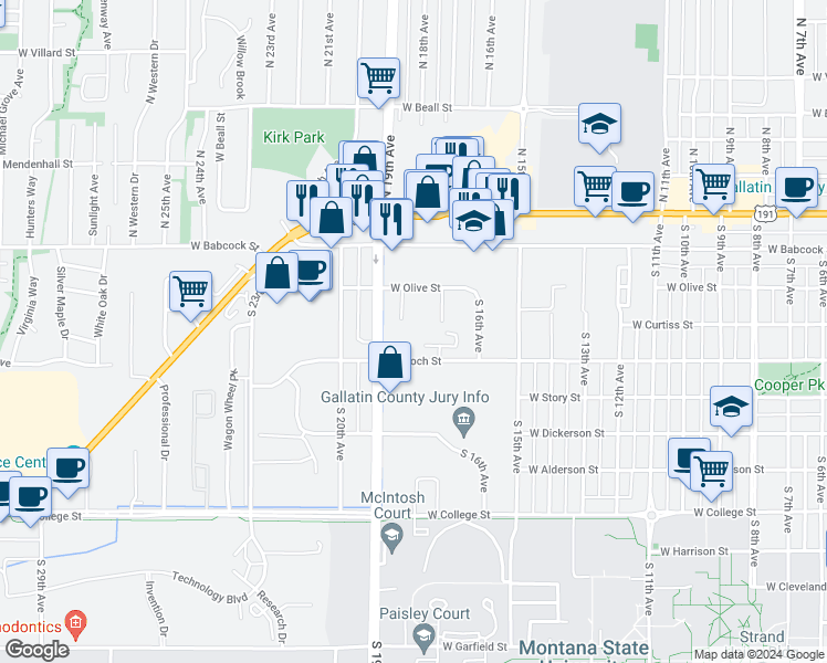 map of restaurants, bars, coffee shops, grocery stores, and more near 220 South 18th Avenue in Bozeman