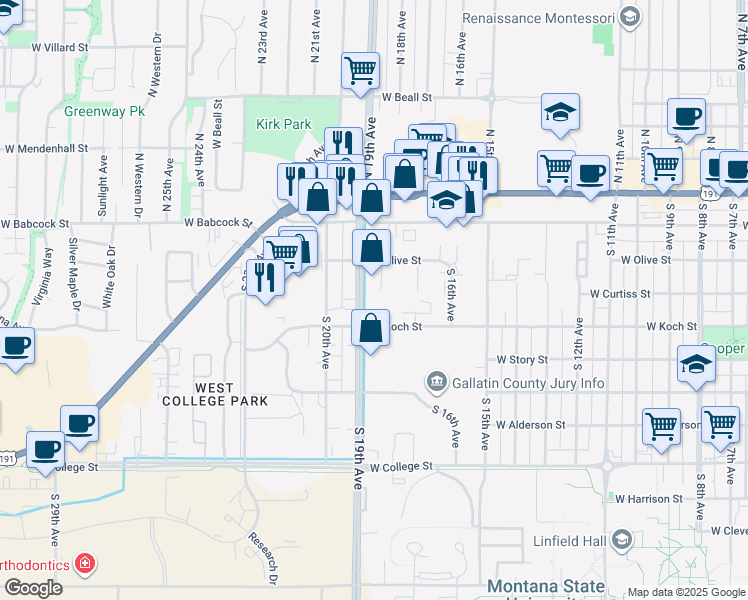 map of restaurants, bars, coffee shops, grocery stores, and more near 220 South 18th Avenue in Bozeman