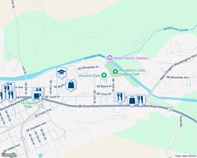 map of restaurants, bars, coffee shops, grocery stores, and more near in Pendleton