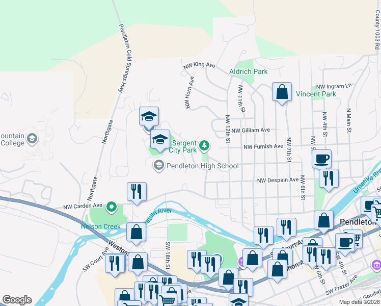 map of restaurants, bars, coffee shops, grocery stores, and more near 525 Northwest 15th Street in Pendleton