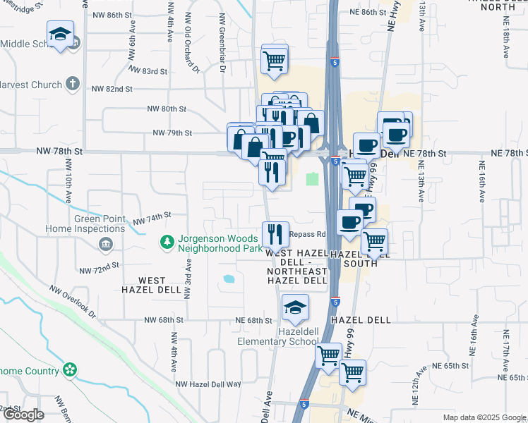 map of restaurants, bars, coffee shops, grocery stores, and more near in Hazel Dell