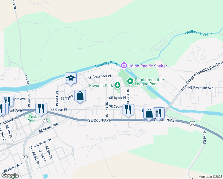 map of restaurants, bars, coffee shops, grocery stores, and more near 1807 Southeast Byers Avenue in Pendleton