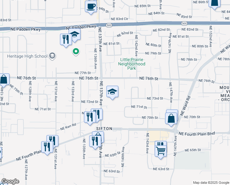 map of restaurants, bars, coffee shops, grocery stores, and more near 7301 Northeast 137th Avenue in Vancouver
