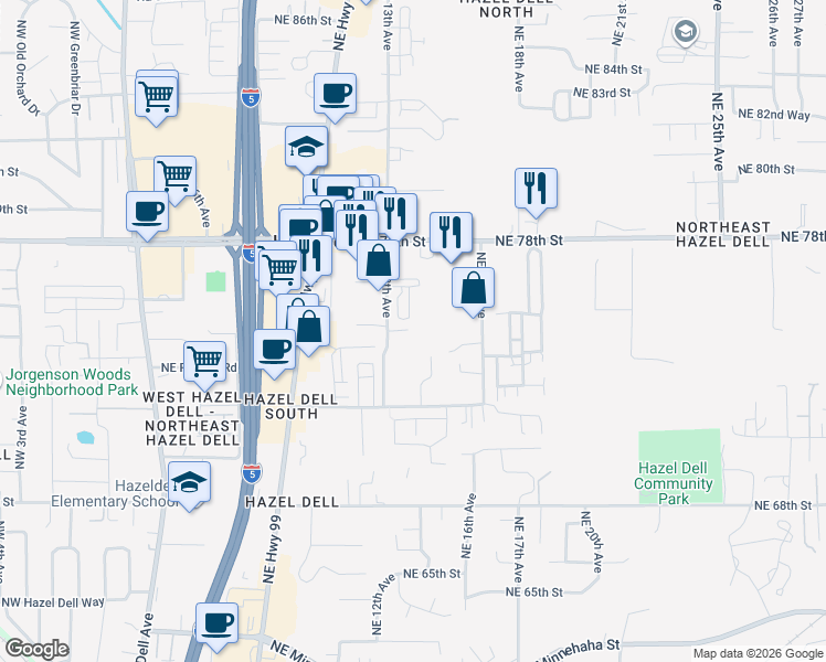 map of restaurants, bars, coffee shops, grocery stores, and more near 7421 Northeast 13th Avenue in Vancouver