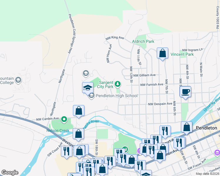 map of restaurants, bars, coffee shops, grocery stores, and more near 525 Northwest 15th Street in Pendleton
