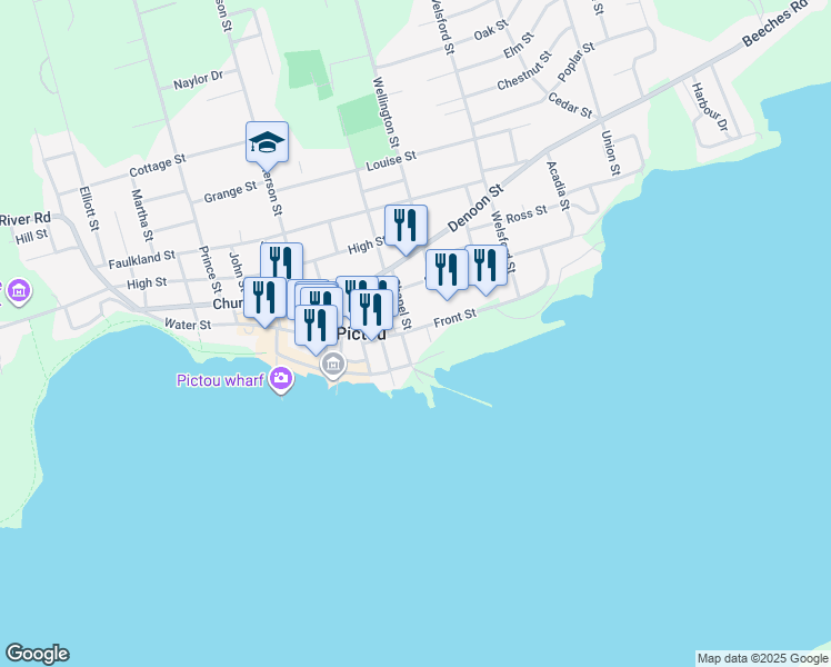 map of restaurants, bars, coffee shops, grocery stores, and more near 49 Front Street in Pictou