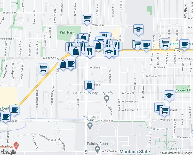 map of restaurants, bars, coffee shops, grocery stores, and more near 228 South 18th Avenue in Bozeman