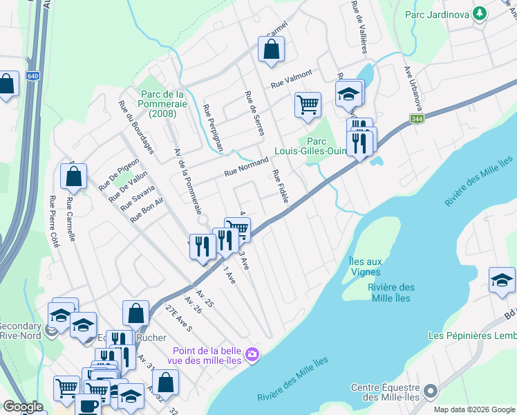 map of restaurants, bars, coffee shops, grocery stores, and more near 166 5e Avenue in Sainte-Anne-des-Plaines