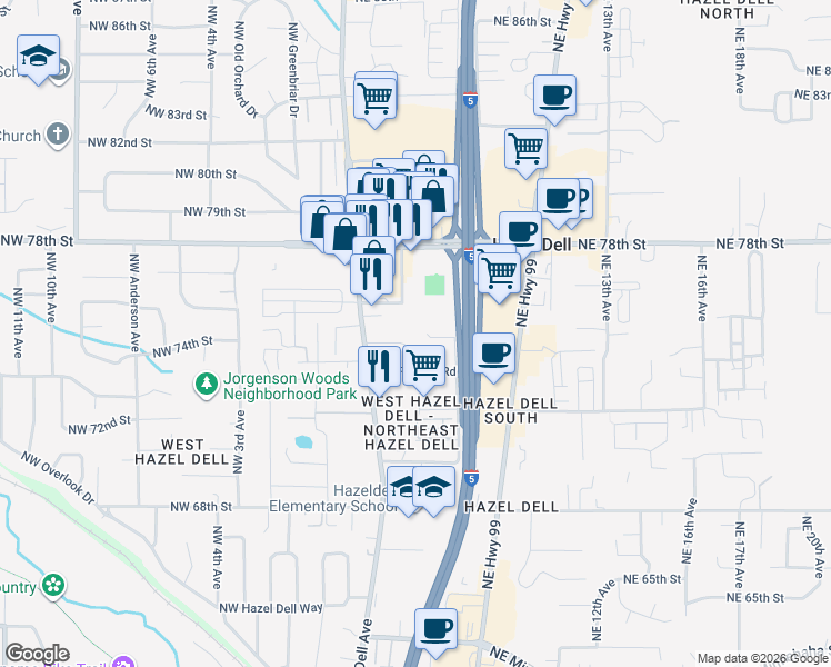 map of restaurants, bars, coffee shops, grocery stores, and more near 7601 Northeast 5th Avenue in Vancouver