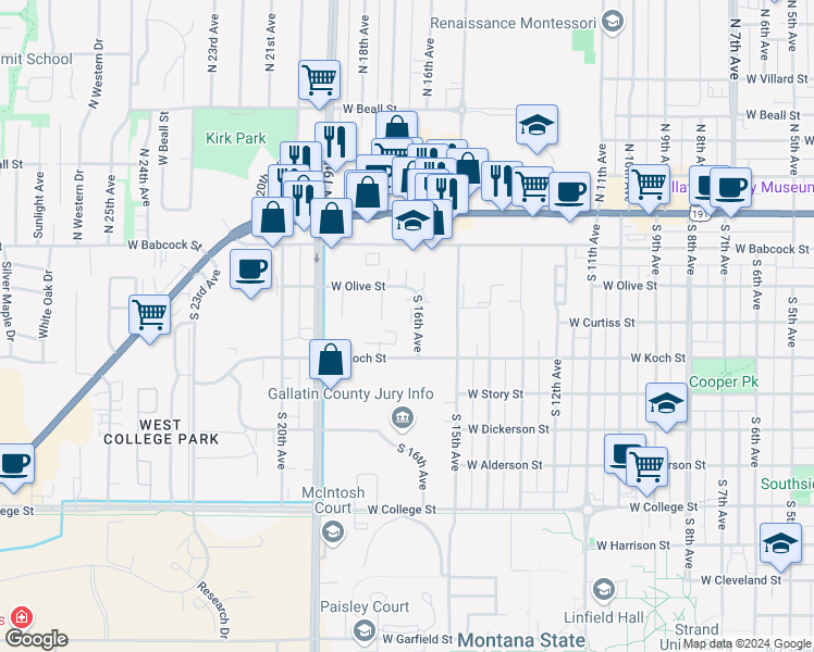 map of restaurants, bars, coffee shops, grocery stores, and more near 214 South 16th Avenue in Bozeman