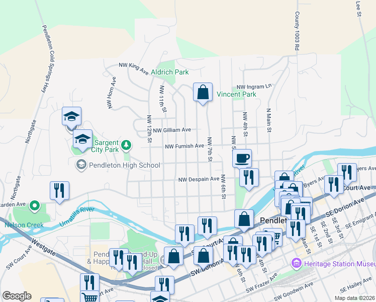 map of restaurants, bars, coffee shops, grocery stores, and more near 907 Northwest Furnish Avenue in Pendleton