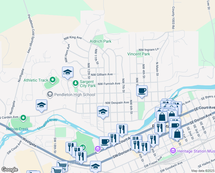 map of restaurants, bars, coffee shops, grocery stores, and more near 907 Northwest Furnish Avenue in Pendleton