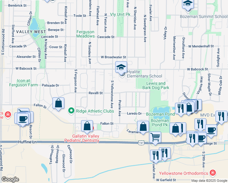 map of restaurants, bars, coffee shops, grocery stores, and more near 3711 Ravalli Street in Bozeman