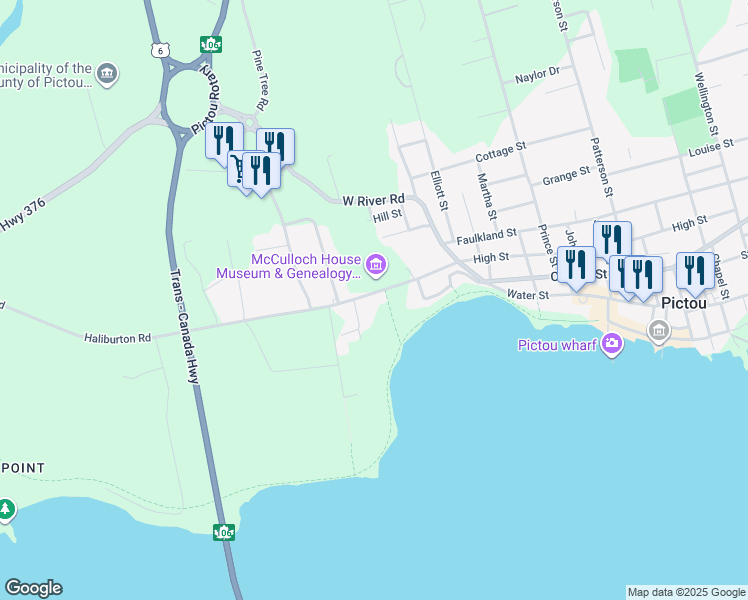 map of restaurants, bars, coffee shops, grocery stores, and more near 95 Haliburton Road in Pictou