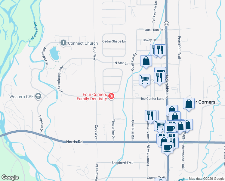 map of restaurants, bars, coffee shops, grocery stores, and more near 517 Timberview Circle in Bozeman