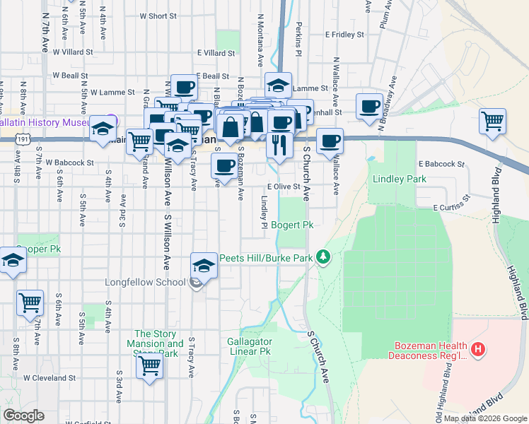 map of restaurants, bars, coffee shops, grocery stores, and more near 300 Lindley Pl in Bozeman