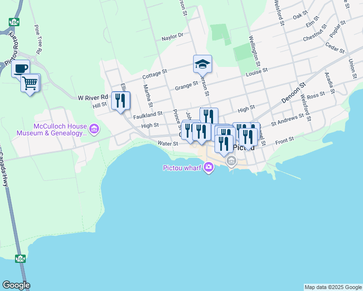 map of restaurants, bars, coffee shops, grocery stores, and more near in Pictou