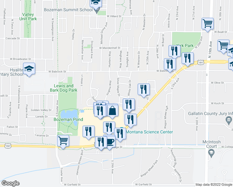 map of restaurants, bars, coffee shops, grocery stores, and more near 225 Silver Maple Drive in Bozeman