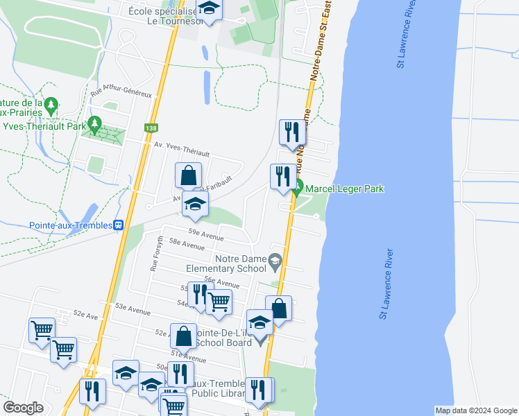 map of restaurants, bars, coffee shops, grocery stores, and more near 14525 Rue Bernard-Geoffrion in Montréal