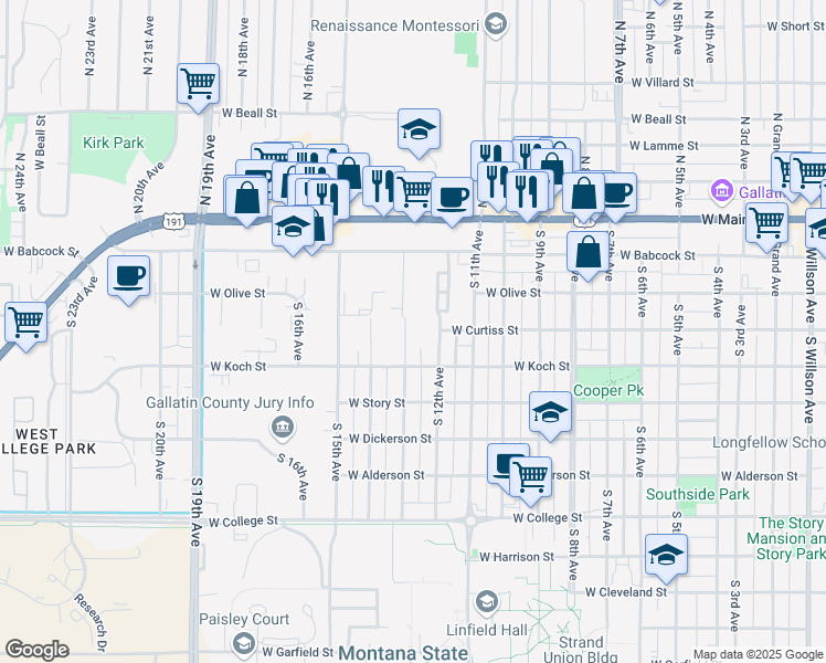 map of restaurants, bars, coffee shops, grocery stores, and more near 304 South 13th Avenue in Bozeman