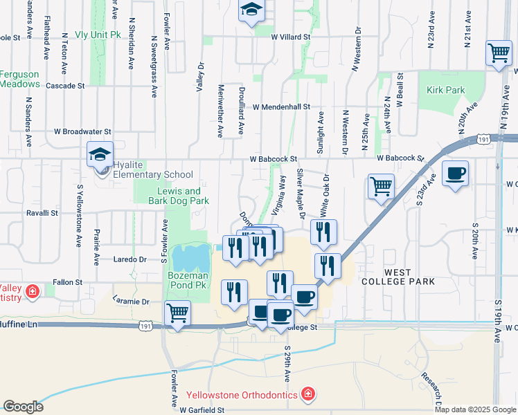 map of restaurants, bars, coffee shops, grocery stores, and more near 217 Lillian Way in Bozeman