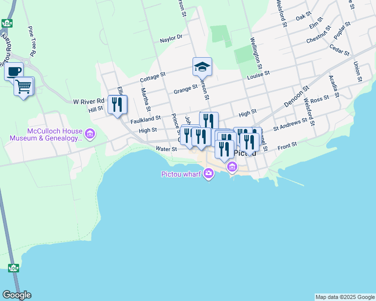 map of restaurants, bars, coffee shops, grocery stores, and more near 123 Water Street in Pictou