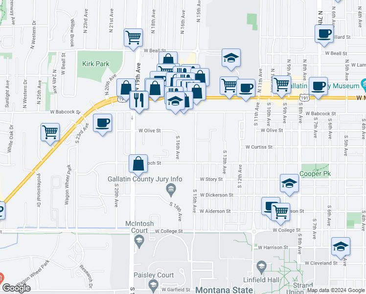 map of restaurants, bars, coffee shops, grocery stores, and more near 214 South 16th Avenue in Bozeman