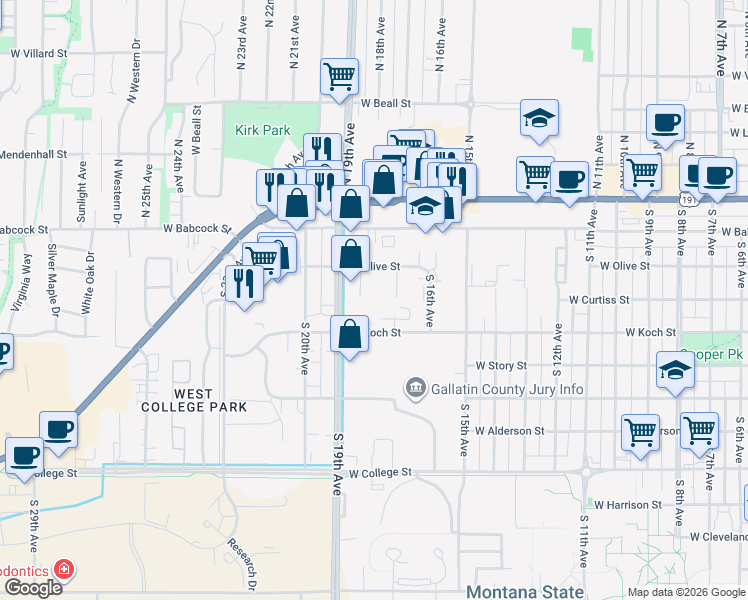 map of restaurants, bars, coffee shops, grocery stores, and more near 220 South 18th Avenue in Bozeman