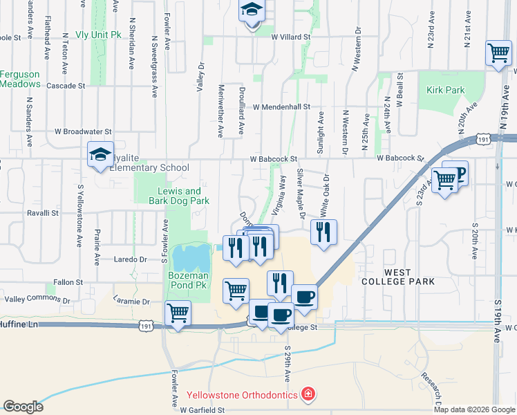 map of restaurants, bars, coffee shops, grocery stores, and more near 217 Lillian Way in Bozeman