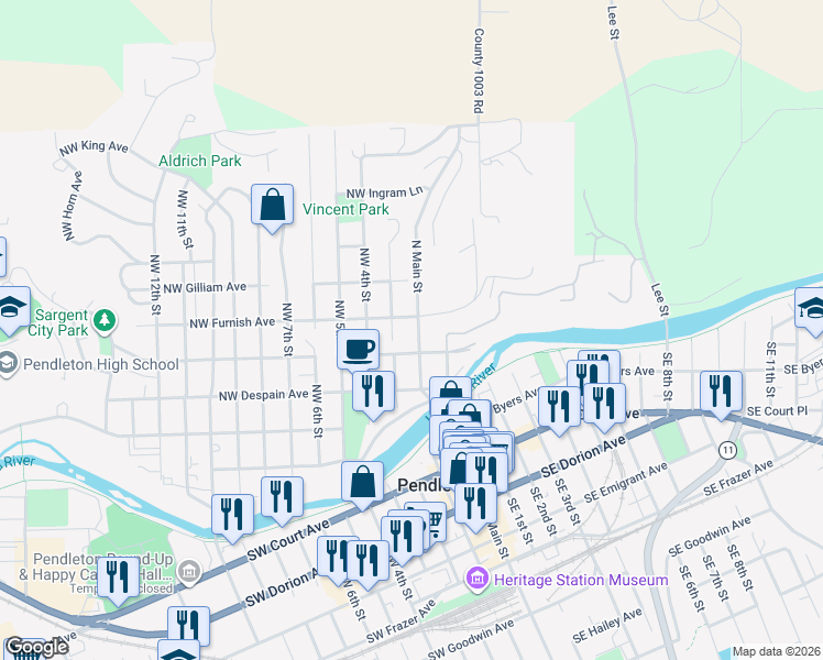 map of restaurants, bars, coffee shops, grocery stores, and more near 421 North Main Street in Pendleton