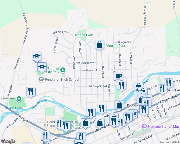 map of restaurants, bars, coffee shops, grocery stores, and more near 907 Northwest Furnish Avenue in Pendleton