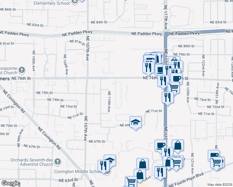 map of restaurants, bars, coffee shops, grocery stores, and more near 7411 Northeast 110th Avenue in Vancouver
