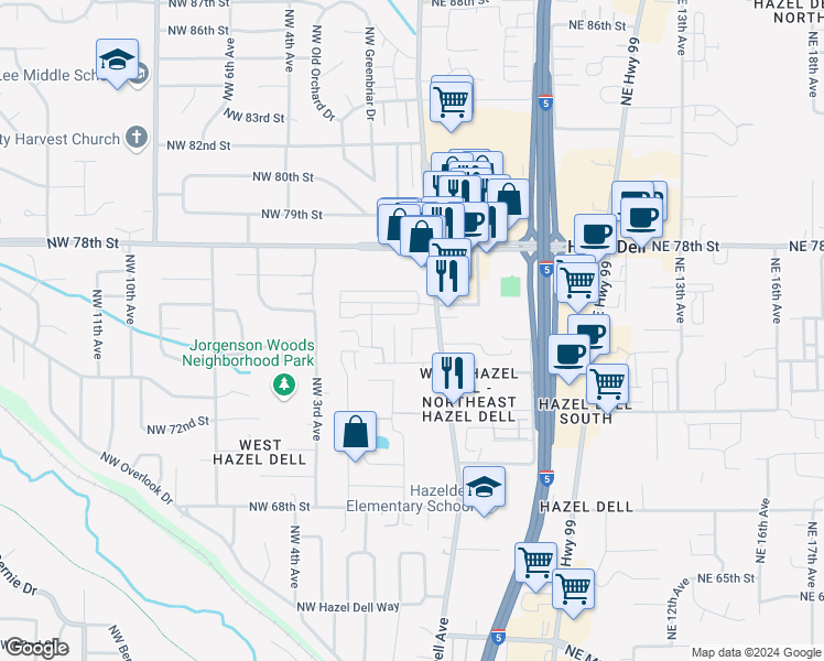 map of restaurants, bars, coffee shops, grocery stores, and more near 7501 Northwest 1st Avenue in Vancouver