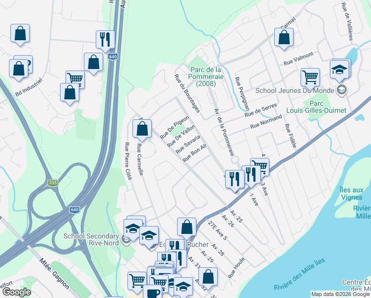 map of restaurants, bars, coffee shops, grocery stores, and more near 312 Rue Savaria in Bois-des-Filion