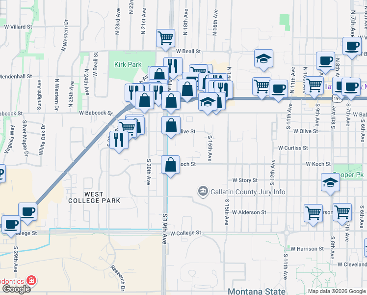 map of restaurants, bars, coffee shops, grocery stores, and more near 220 South 18th Avenue in Bozeman