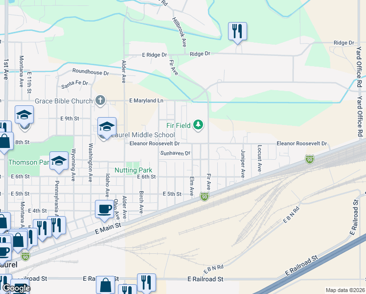 map of restaurants, bars, coffee shops, grocery stores, and more near 1108 East 8th Street in Laurel