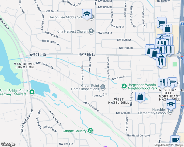 map of restaurants, bars, coffee shops, grocery stores, and more near 7415 Northwest 10th Avenue in Vancouver