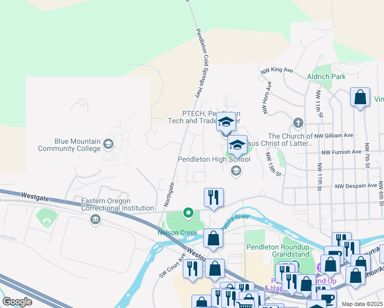 map of restaurants, bars, coffee shops, grocery stores, and more near 446 Northwest 22nd Street in Pendleton