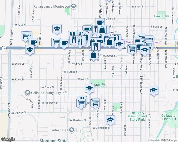 map of restaurants, bars, coffee shops, grocery stores, and more near 221 South 8th Avenue in Bozeman