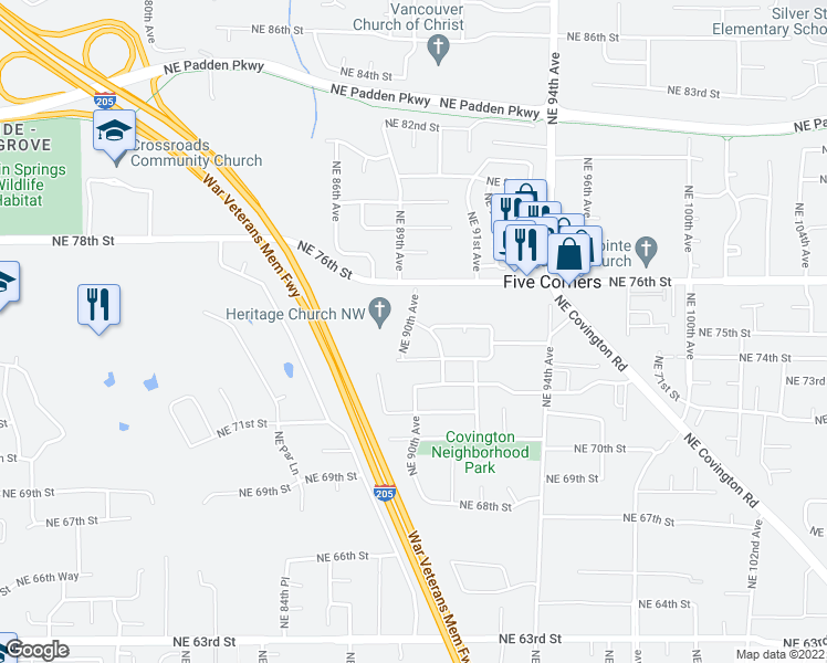 map of restaurants, bars, coffee shops, grocery stores, and more near 7504 Northeast Glenwood Drive in Vancouver