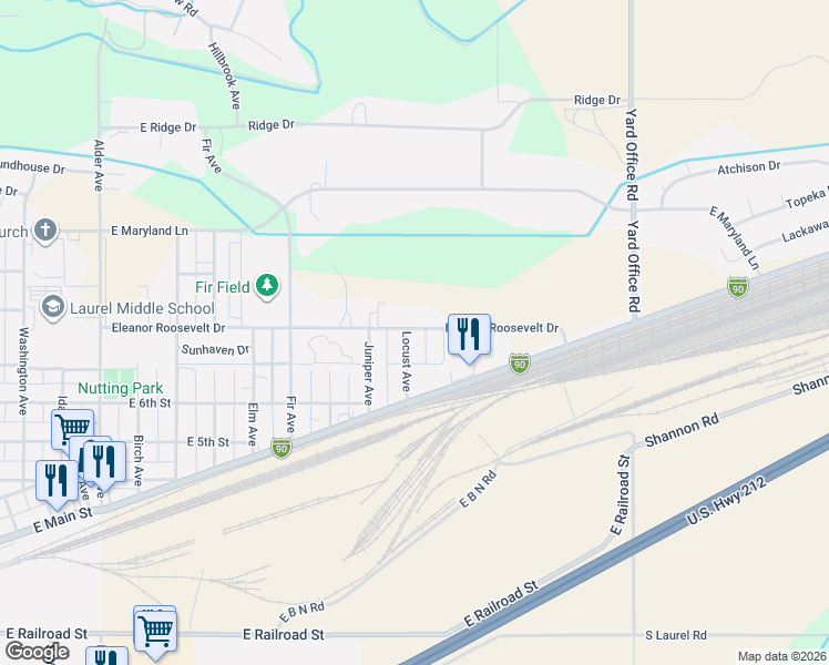 map of restaurants, bars, coffee shops, grocery stores, and more near 1600-1698 Eleanor Roosevelt Drive in Laurel