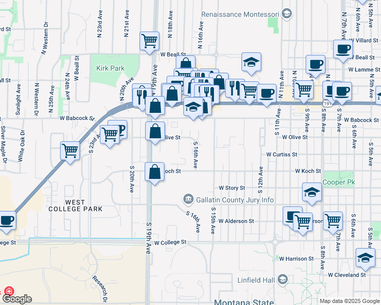 map of restaurants, bars, coffee shops, grocery stores, and more near 214 South 16th Avenue in Bozeman