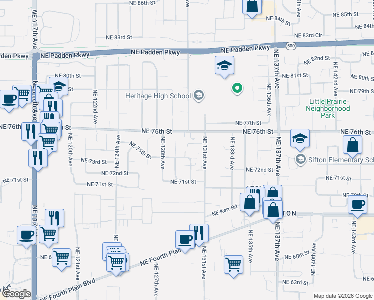 map of restaurants, bars, coffee shops, grocery stores, and more near 12912 Northeast 73rd Street in Vancouver