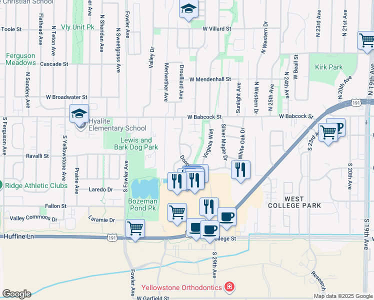 map of restaurants, bars, coffee shops, grocery stores, and more near 217 Lillian Way in Bozeman