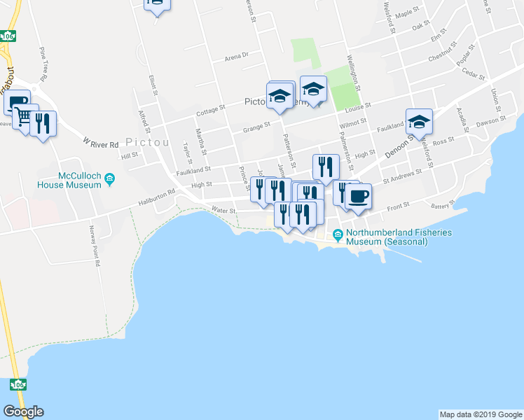 map of restaurants, bars, coffee shops, grocery stores, and more near 116 Water Street in Pictou